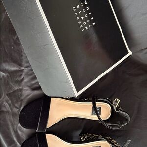 White House Black Market Black Suede Chain-Detail Ankle Strap Heels